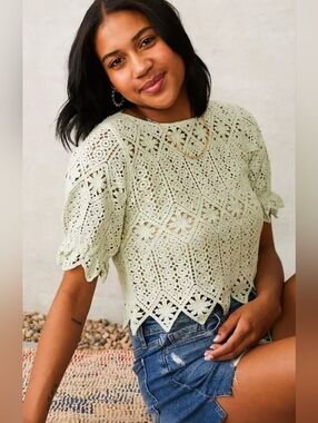 Willow Root Crochet Lace Top Boho Cottagecore Scallop Hem Puff Sleeve Festival